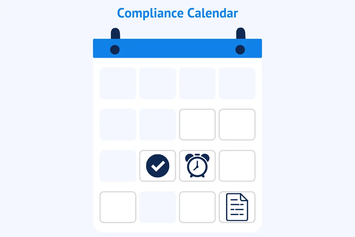 Compliance calendar template showing deadline tracking and reminder system for business legal requirements and filing dates.