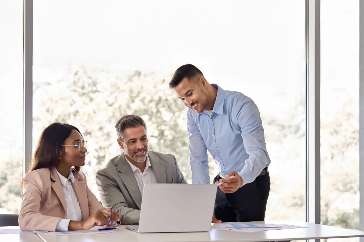 Business team consulting with registered agent professional about legal compliance services and corporate responsibility management.