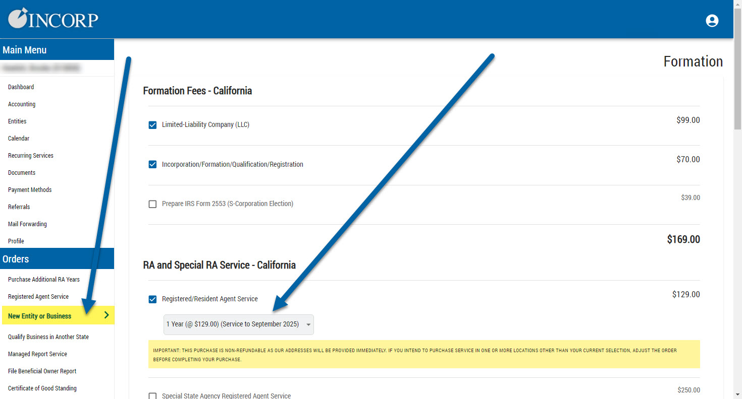 how to order years of registered agent inside of EMS