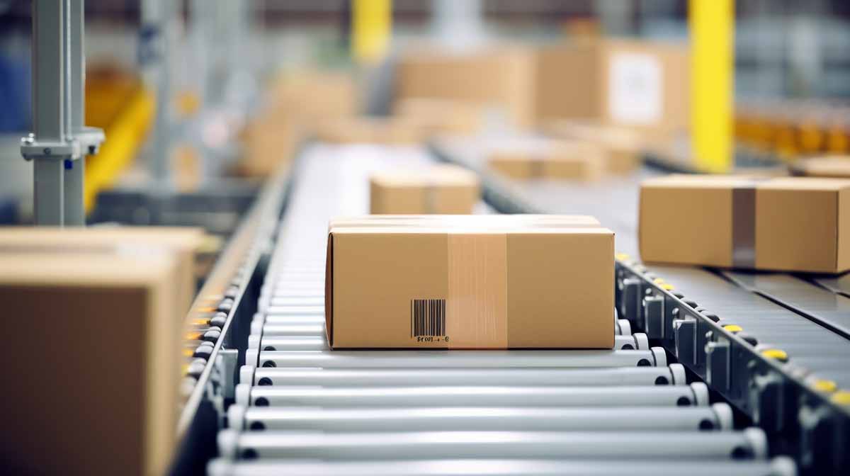 Two boxes on a conveyor belt in a warehouse setting