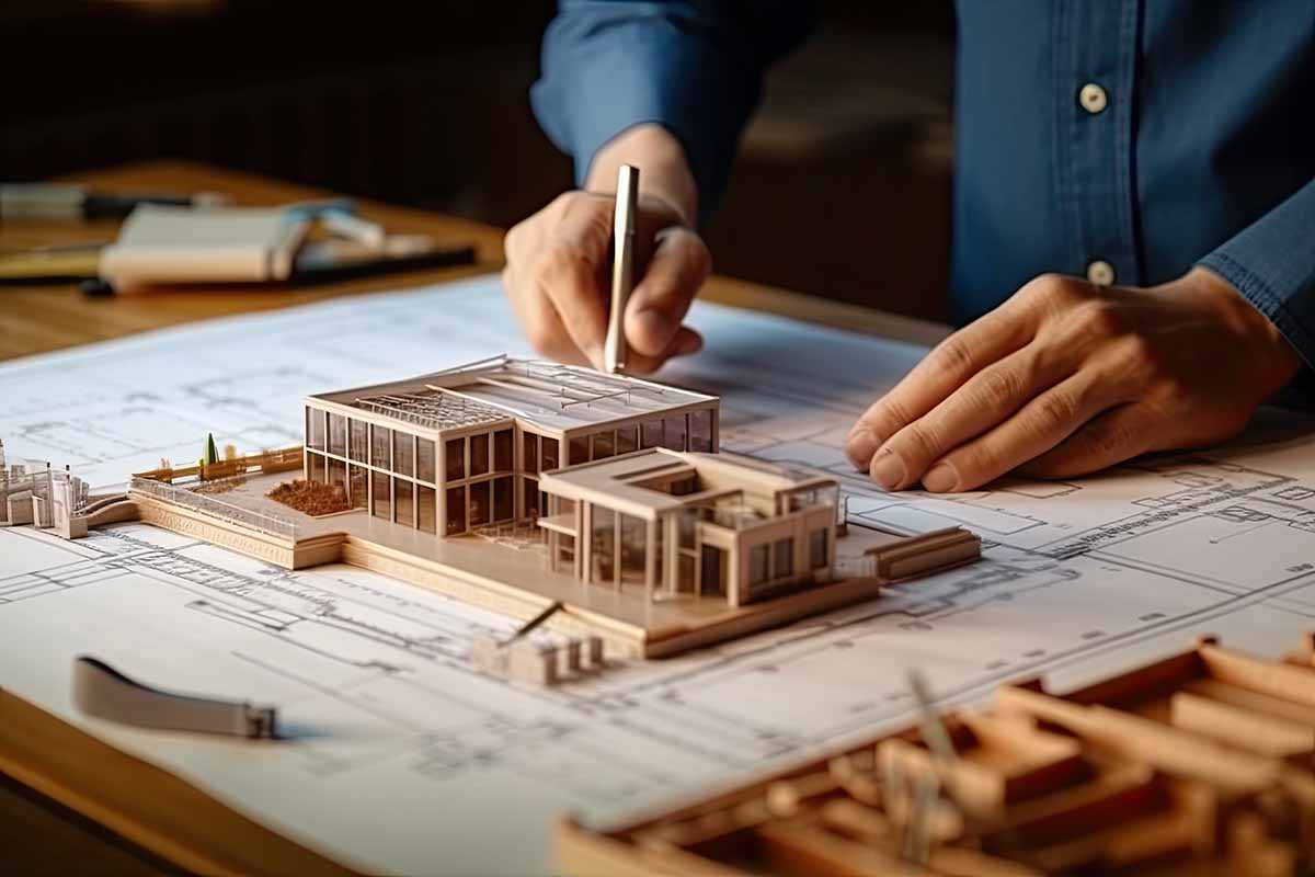 An image of a young man's hands working on a 3D diagram of a building with the blueprints below the 3D diagram